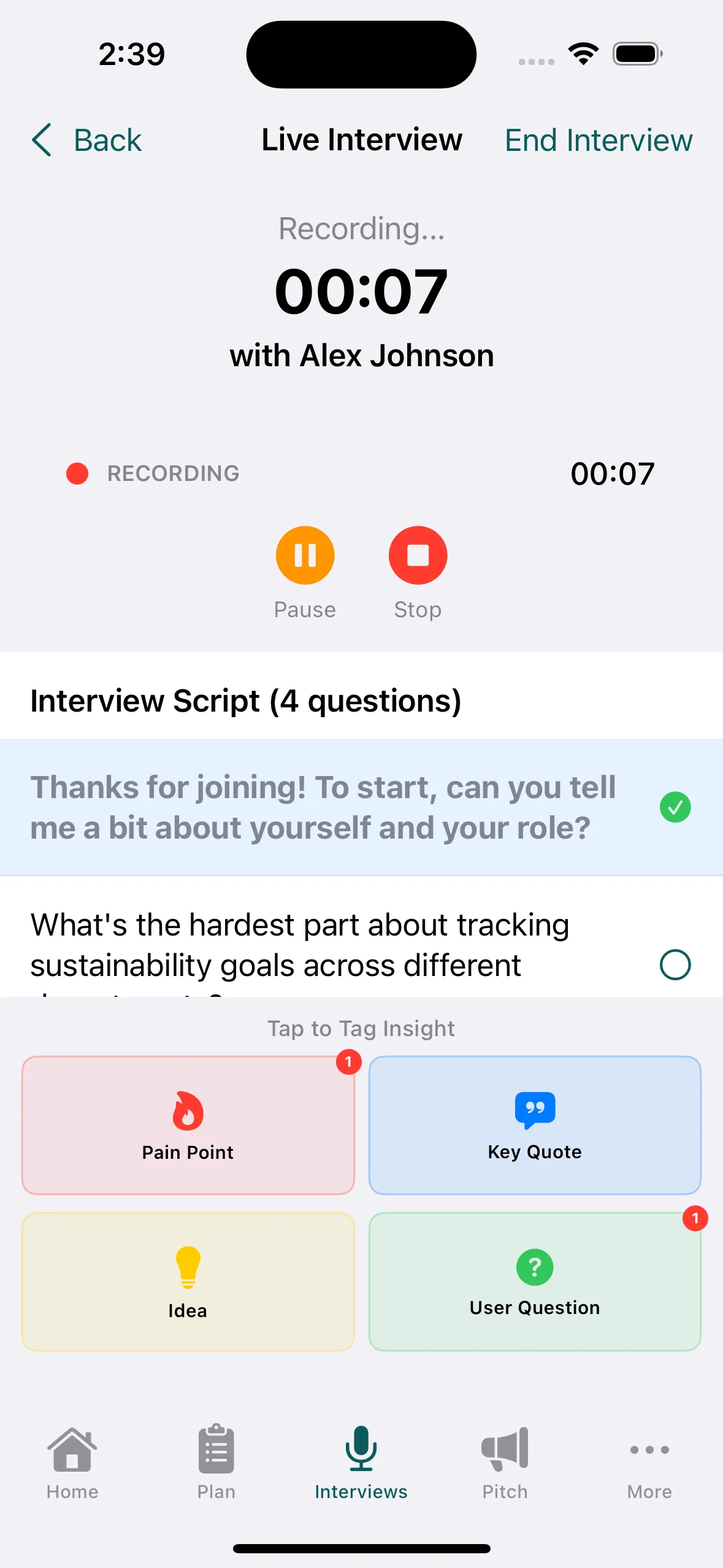 Live interview interface showing customer interview in progress